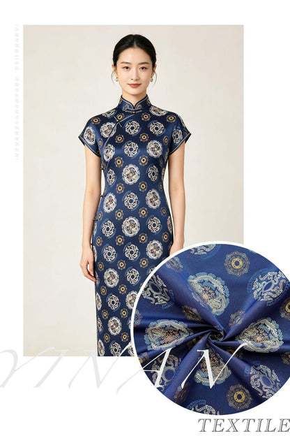 Navy Dragon Medallion Song Brocade Fabric, Yarn-Dyed Jacquard Textile for Qipao, Jackets, Bags, Home Decor and Sewing, 59"Wide