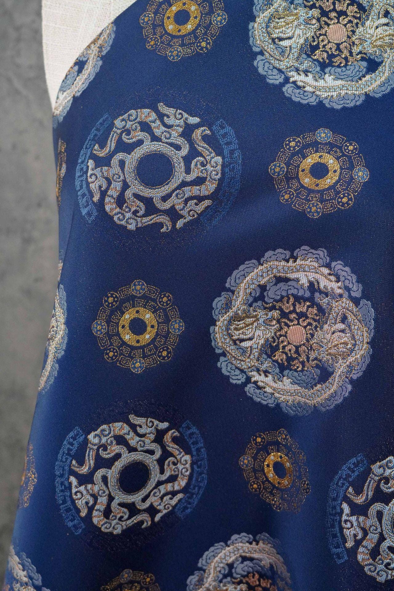 Navy Dragon Medallion Song Brocade Fabric, Yarn-Dyed Jacquard Textile for Qipao, Jackets, Bags, Home Decor and Sewing, 59"Wide