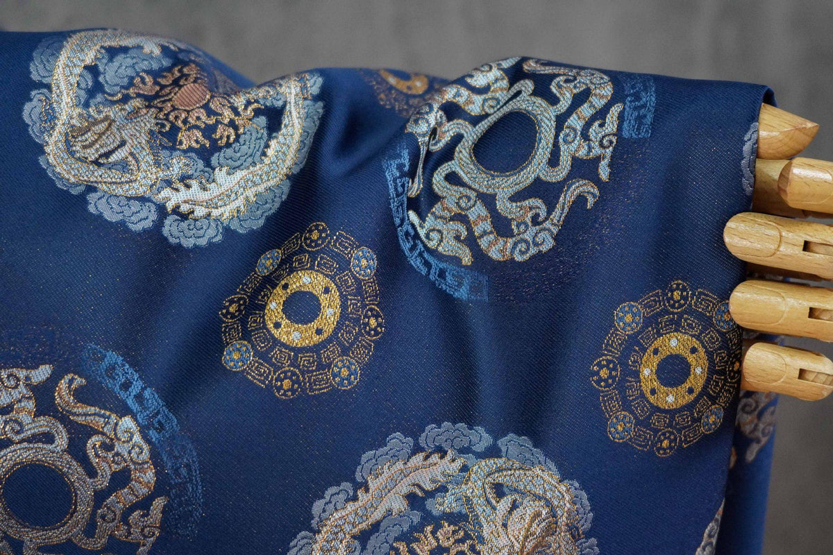 Navy Dragon Medallion Song Brocade Fabric, Yarn-Dyed Jacquard Textile for Qipao, Jackets, Bags, Home Decor and Sewing, 59"Wide
