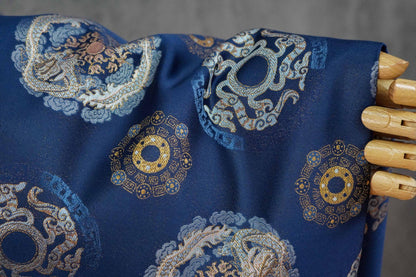 Navy Dragon Medallion Song Brocade Fabric, Yarn-Dyed Jacquard Textile for Qipao, Jackets, Bags, Home Decor and Sewing, 59"Wide