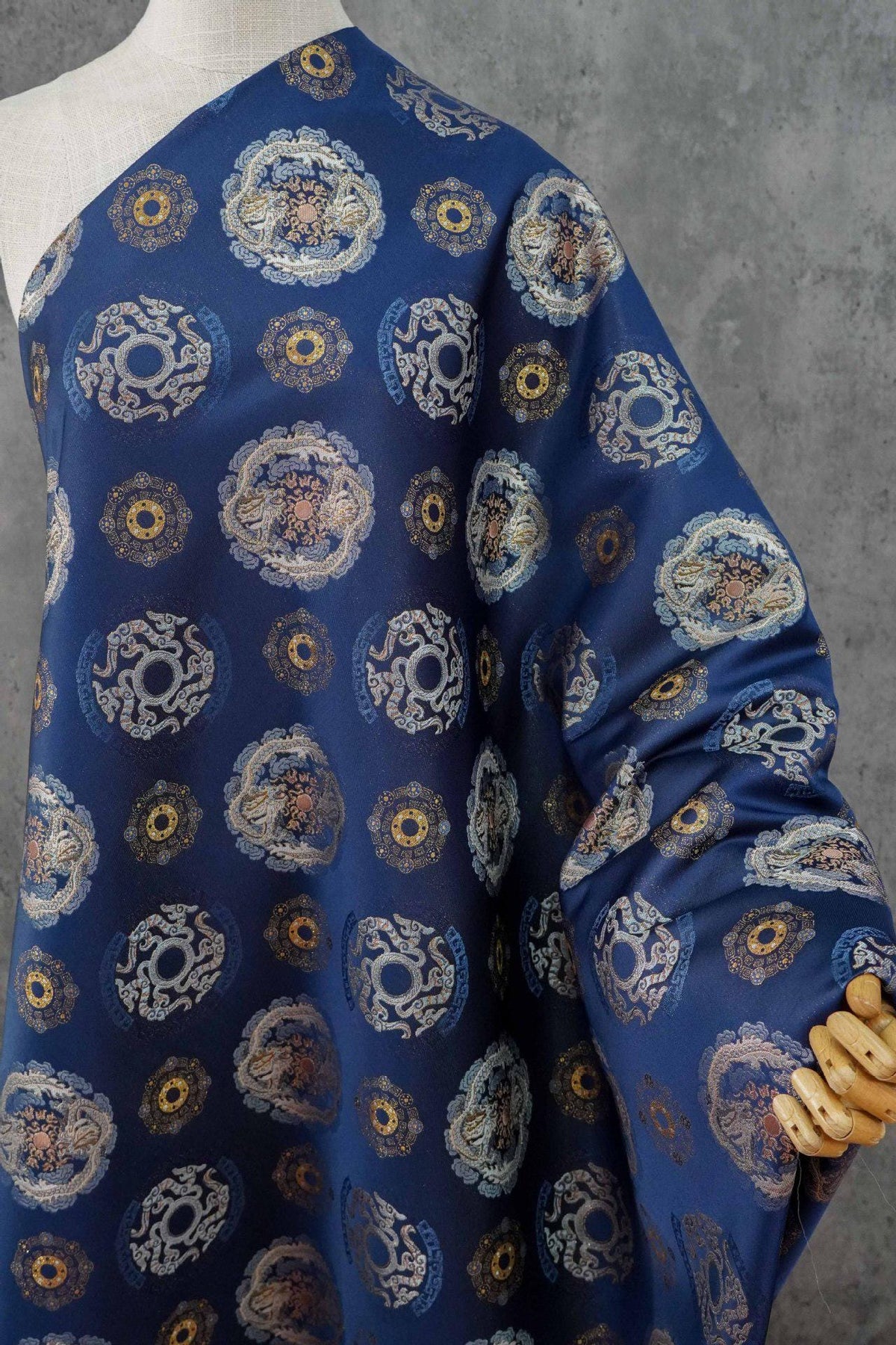 Navy Dragon Medallion Song Brocade Fabric, Yarn-Dyed Jacquard Textile for Qipao, Jackets, Bags, Home Decor and Sewing, 59"Wide
