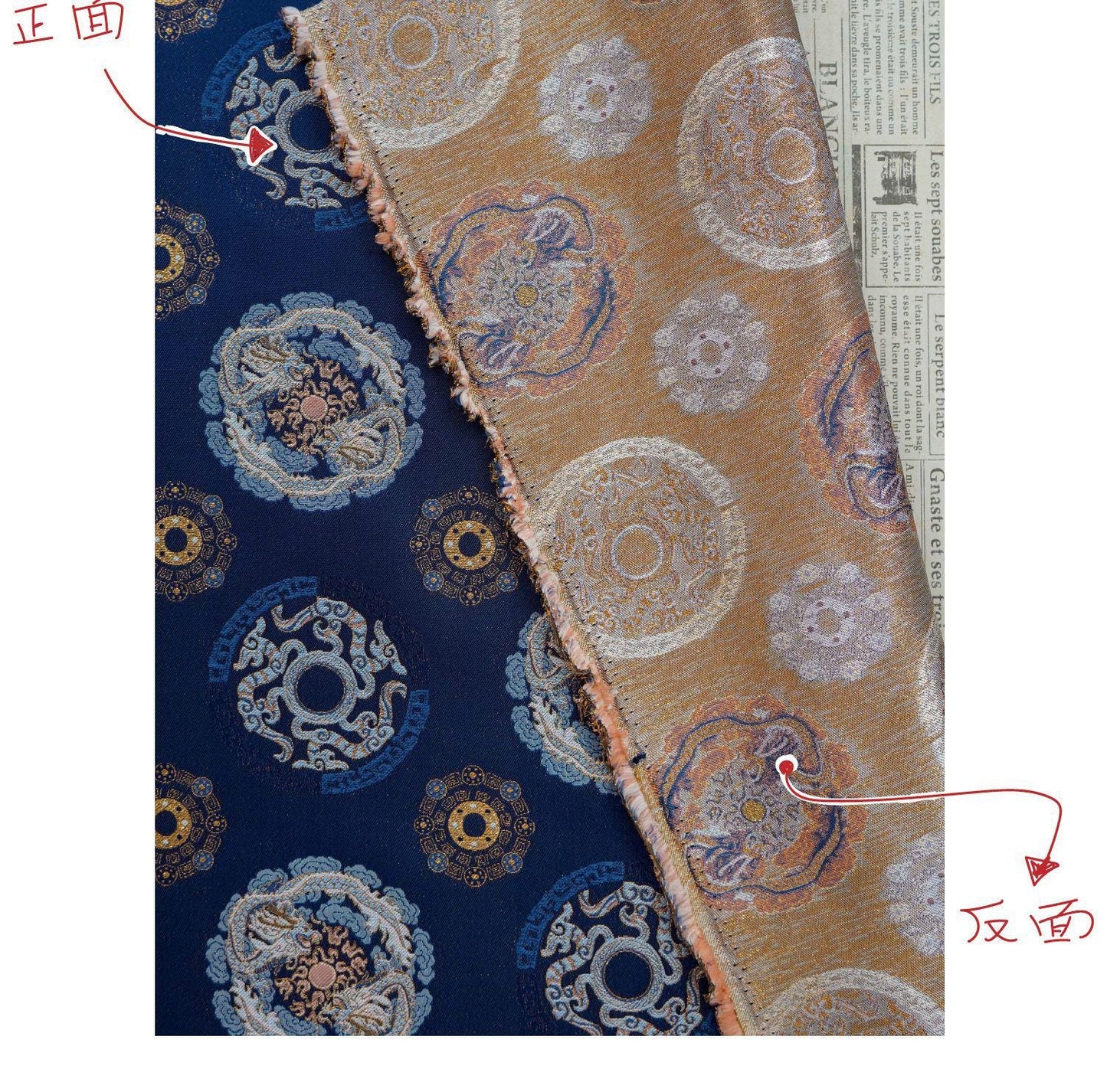 Navy Dragon Medallion Song Brocade Fabric, Yarn-Dyed Jacquard Textile for Qipao, Jackets, Bags, Home Decor and Sewing, 59"Wide