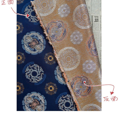Navy Dragon Medallion Song Brocade Fabric, Yarn-Dyed Jacquard Textile for Qipao, Jackets, Bags, Home Decor and Sewing, 59"Wide