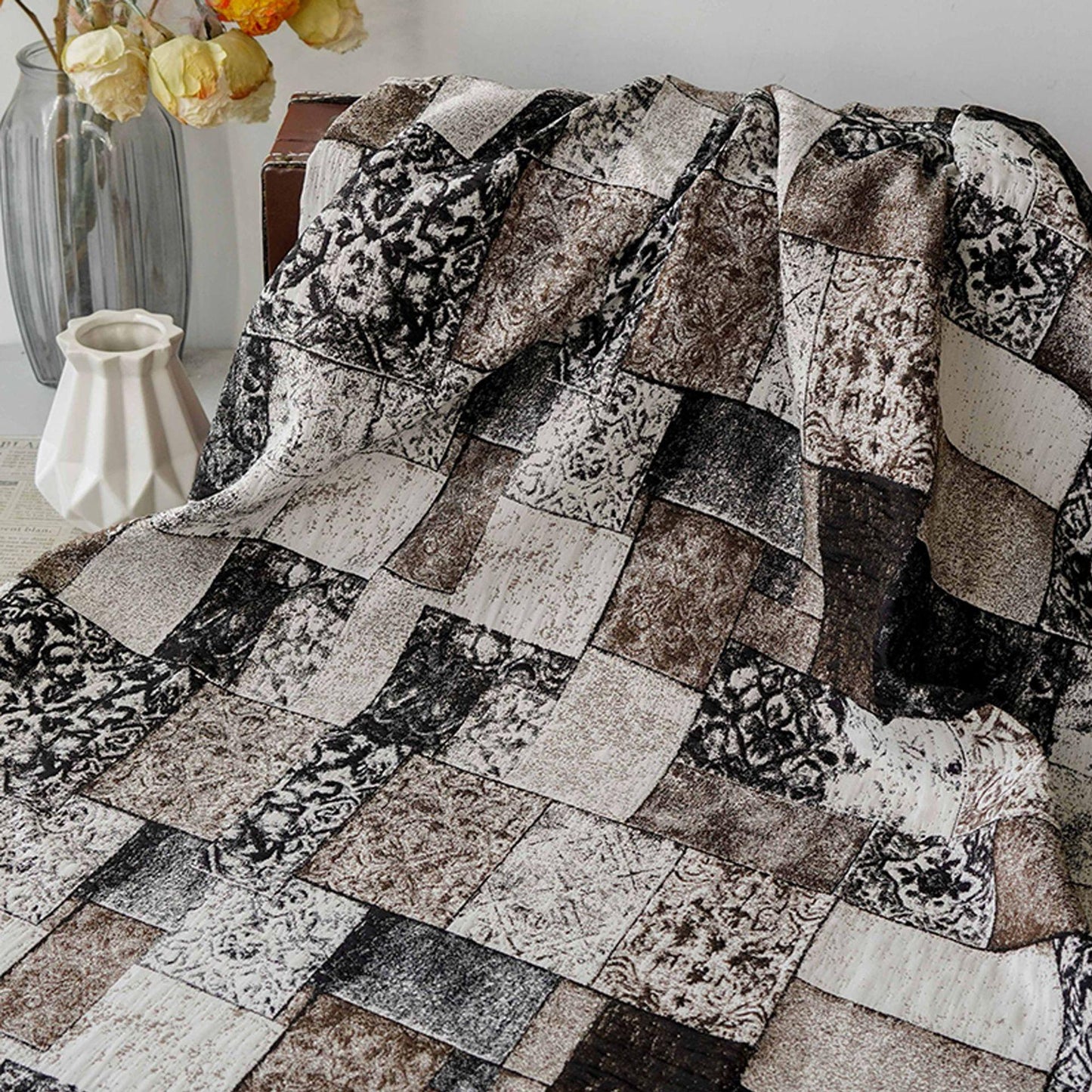 Vintage-Style Black Brown Geometric Jacquard Fabric, 3D Textured Block Pattern Yarn-Dyed Textile for Jackets, Dresses, Bags and Sewing, 53“W