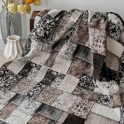 Vintage-Style Black Brown Geometric Jacquard Fabric, 3D Textured Block Pattern Yarn-Dyed Textile for Jackets, Dresses, Bags and Sewing, 53“W