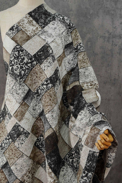 Vintage-Style Black Brown Geometric Jacquard Fabric, 3D Textured Block Pattern Yarn-Dyed Textile for Jackets, Dresses, Bags and Sewing, 53“W