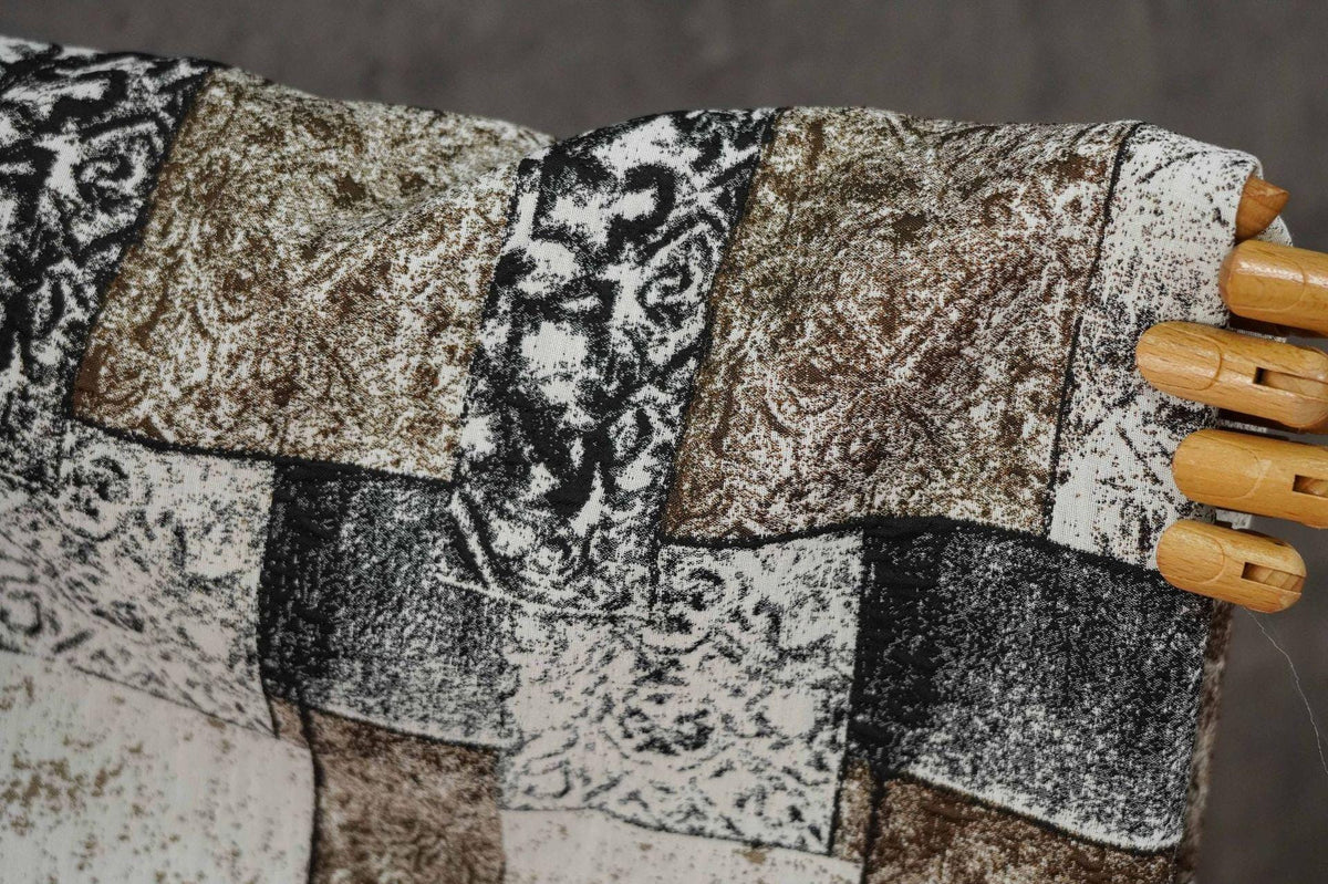 Vintage-Style Black Brown Geometric Jacquard Fabric, 3D Textured Block Pattern Yarn-Dyed Textile for Jackets, Dresses, Bags and Sewing, 53“W