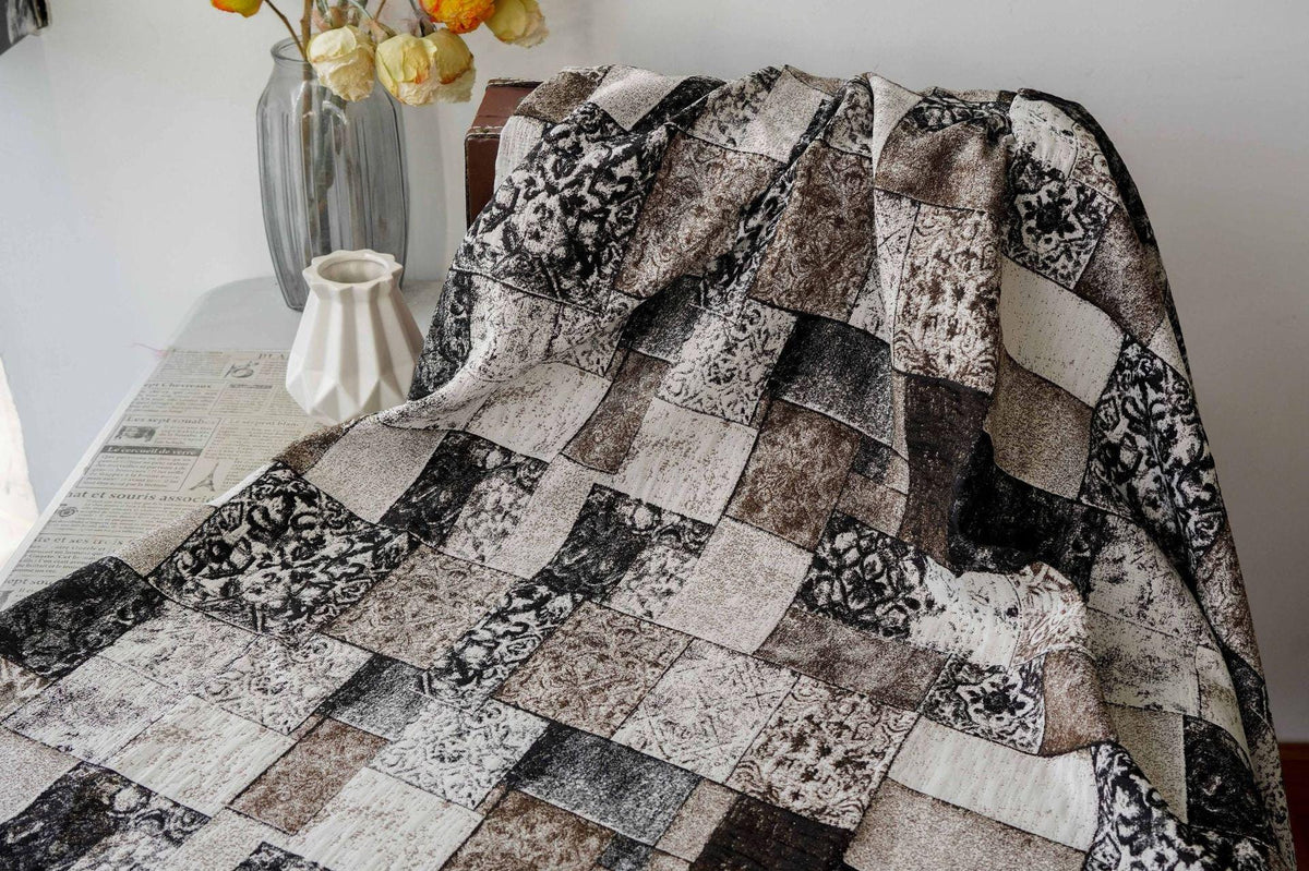Vintage-Style Black Brown Geometric Jacquard Fabric, 3D Textured Block Pattern Yarn-Dyed Textile for Jackets, Dresses, Bags and Sewing, 53“W