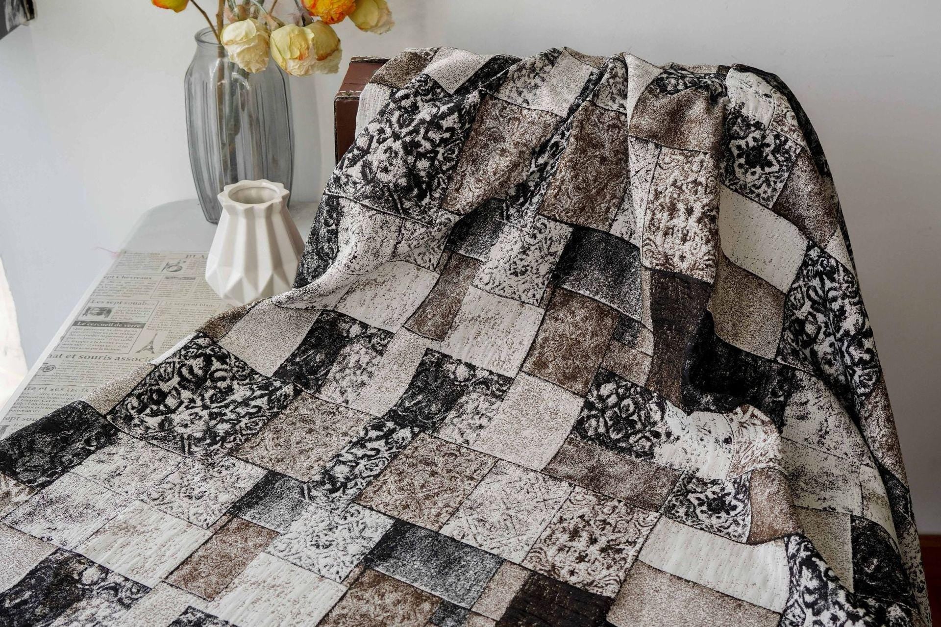 Vintage-Style Black Brown Geometric Jacquard Fabric, 3D Textured Block Pattern Yarn-Dyed Textile for Jackets, Dresses, Bags and Sewing, 53“W