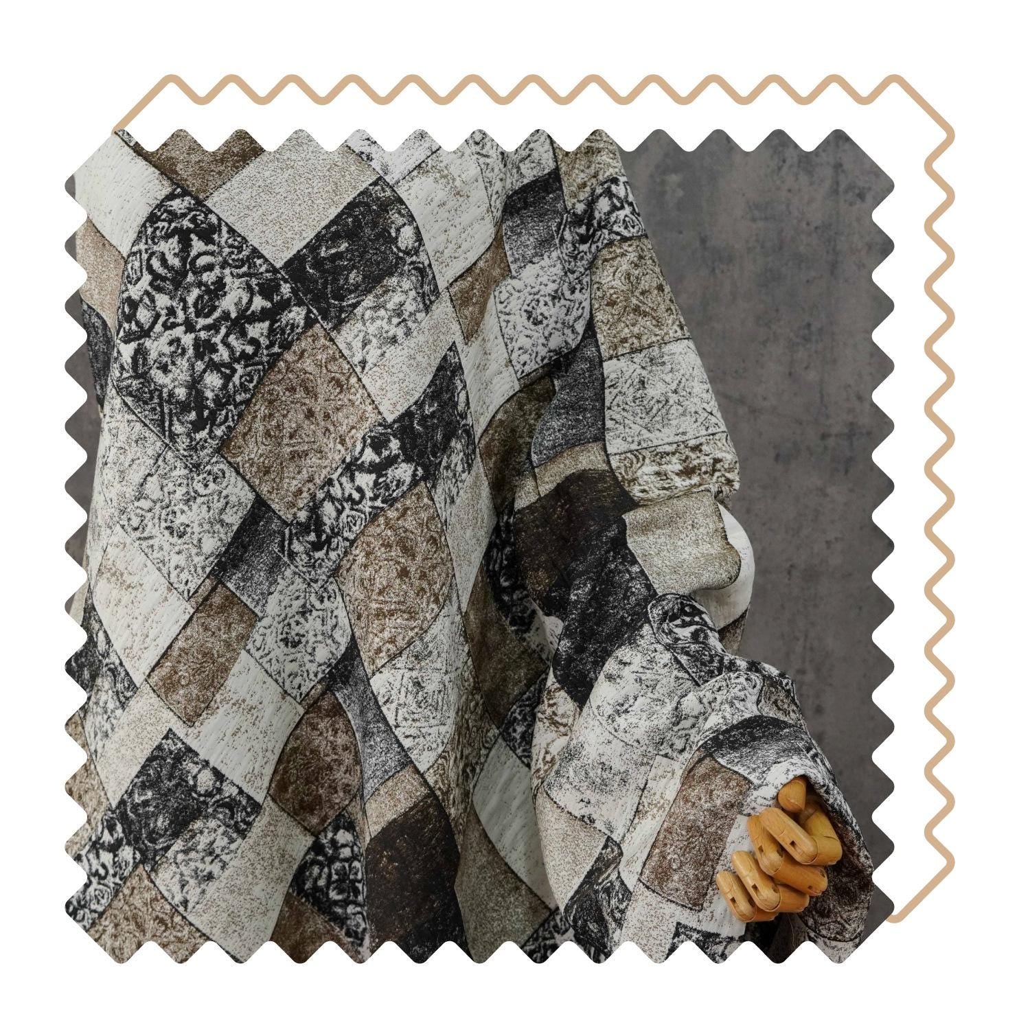 Vintage-Style Black Brown Geometric Jacquard Fabric, 3D Textured Block Pattern Yarn-Dyed Textile for Jackets, Dresses, Bags and Sewing, 53“W
