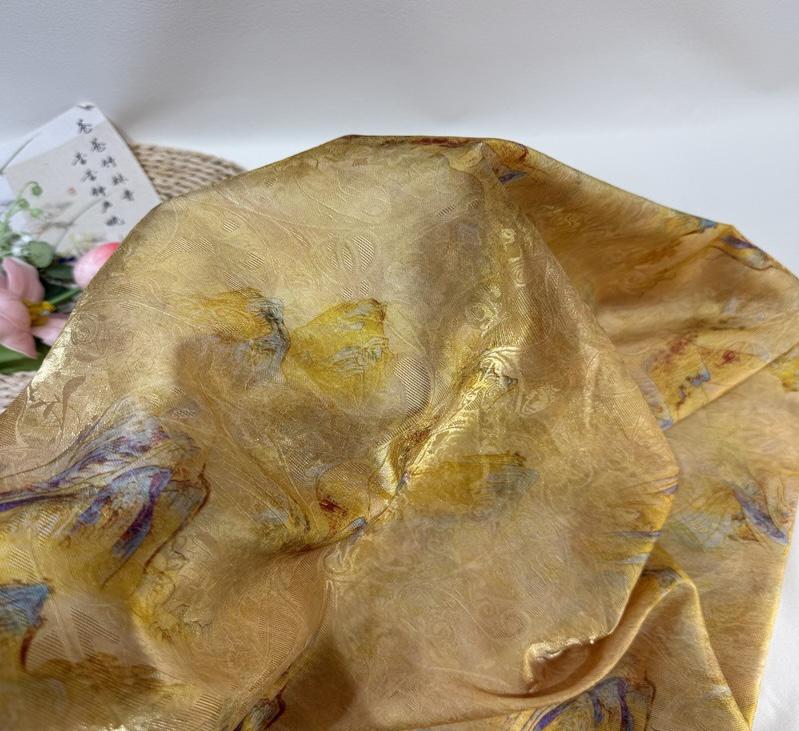 Golden Landscape Print Fabric, Painterly Mountain Scenic Textile with Subtle Woven Texture for Dresses, Qipao, Scarves, Decor and Sewing