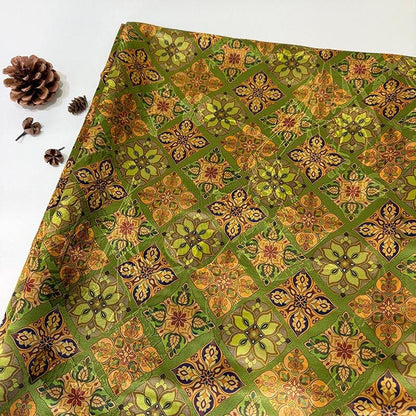 Olive Green & Gold Baoxiang Floral Print Fabric, Ornamental Geometric Medallion Textile for Dresses, Bags, Decor, Crafts and Sewing