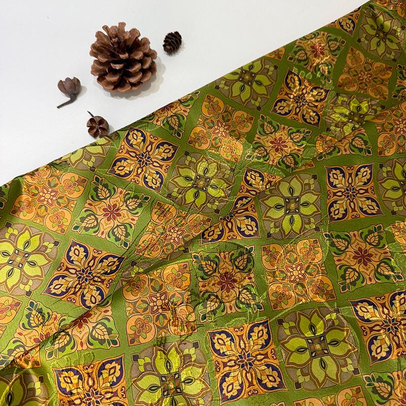 Olive Green & Gold Baoxiang Floral Print Fabric, Ornamental Geometric Medallion Textile for Dresses, Bags, Decor, Crafts and Sewing