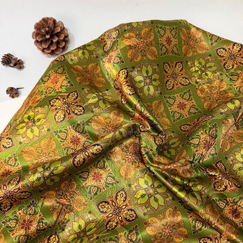 Olive Green & Gold Baoxiang Floral Print Fabric, Ornamental Geometric Medallion Textile for Dresses, Bags, Decor, Crafts and Sewing