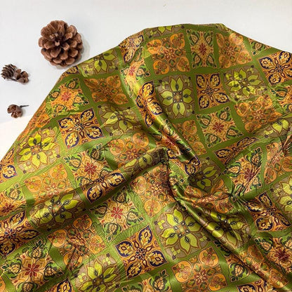 Olive Green & Gold Baoxiang Floral Print Fabric, Ornamental Geometric Medallion Textile for Dresses, Bags, Decor, Crafts and Sewing