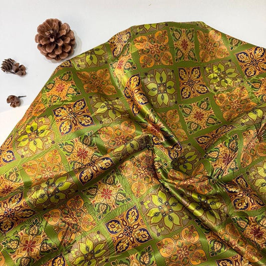 Olive Green & Gold Baoxiang Floral Print Fabric, Ornamental Geometric Medallion Textile for Dresses, Bags, Decor, Crafts and Sewing