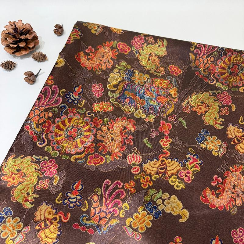 Dusty Rose Floral Tea Satin Jacquard Fabric, Multicolor Ornamental Woven Textile for Dresses, Qipao, Bags and Sewing