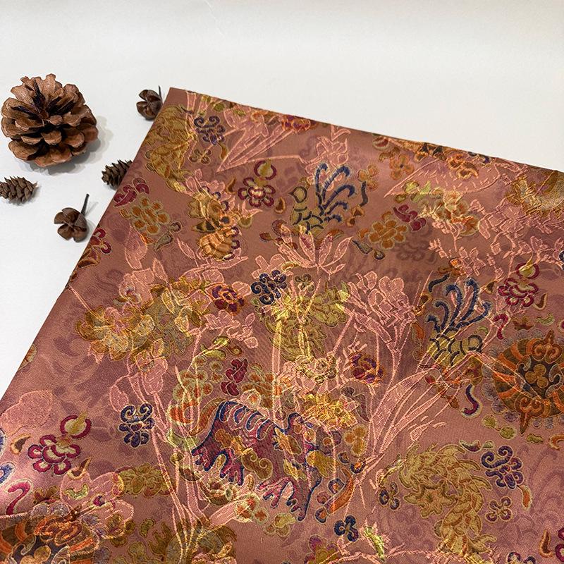 Dusty Rose Floral Tea Satin Jacquard Fabric, Multicolor Ornamental Woven Textile for Dresses, Qipao, Bags and Sewing