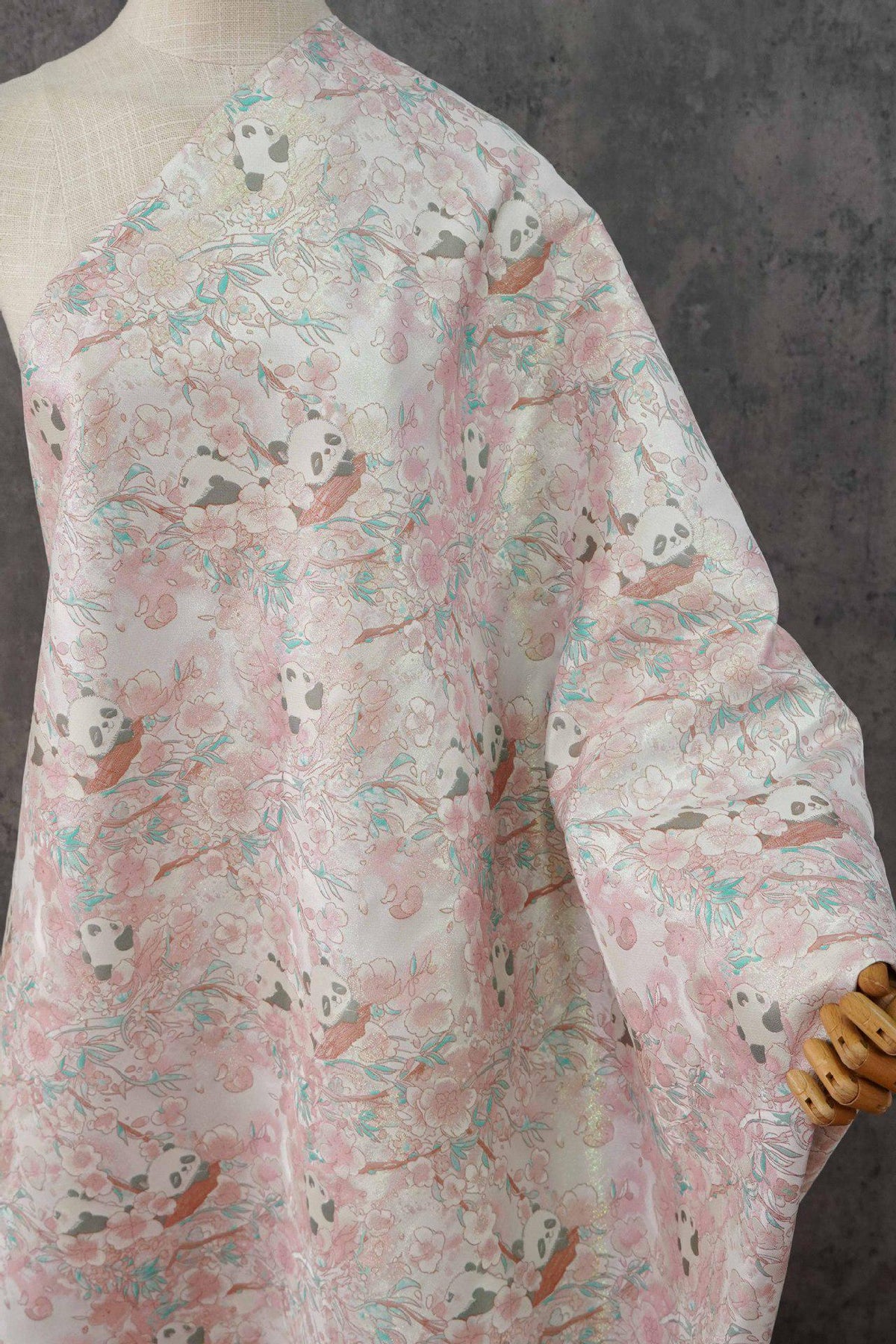 Panda & Cherry Blossom Song Brocade Fabric, Gold Thread Jacquard Textile, 2 Colors for Qipao, Hanfu, Bags and Sewing, 65" Wide