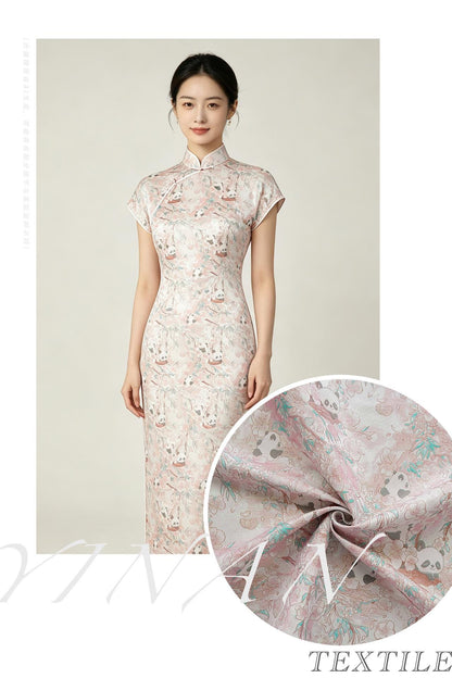 Panda & Cherry Blossom Song Brocade Fabric, Gold Thread Jacquard Textile, 2 Colors for Qipao, Hanfu, Bags and Sewing, 65" Wide