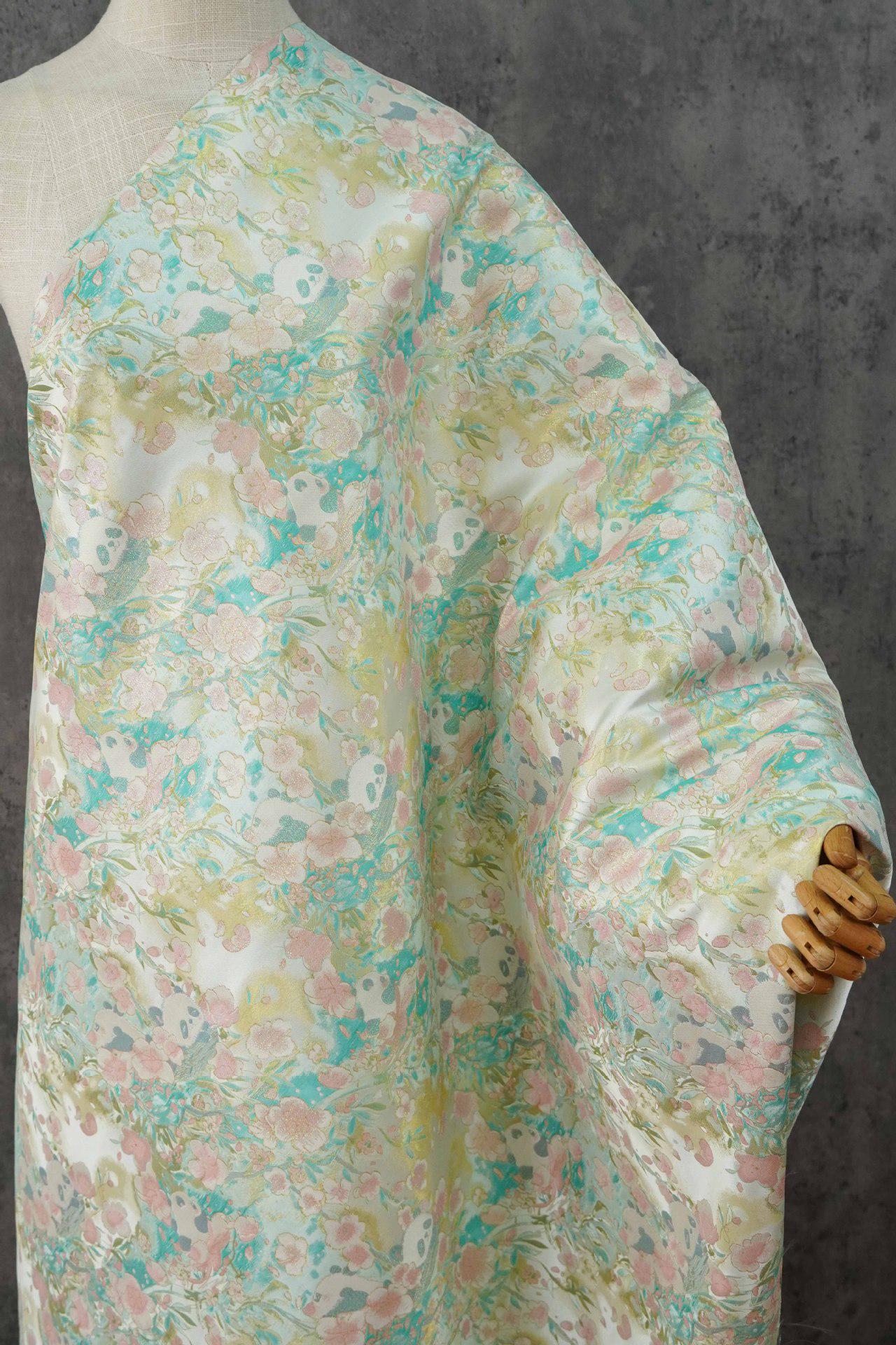 Panda & Cherry Blossom Song Brocade Fabric, Gold Thread Jacquard Textile, 2 Colors for Qipao, Hanfu, Bags and Sewing, 65" Wide