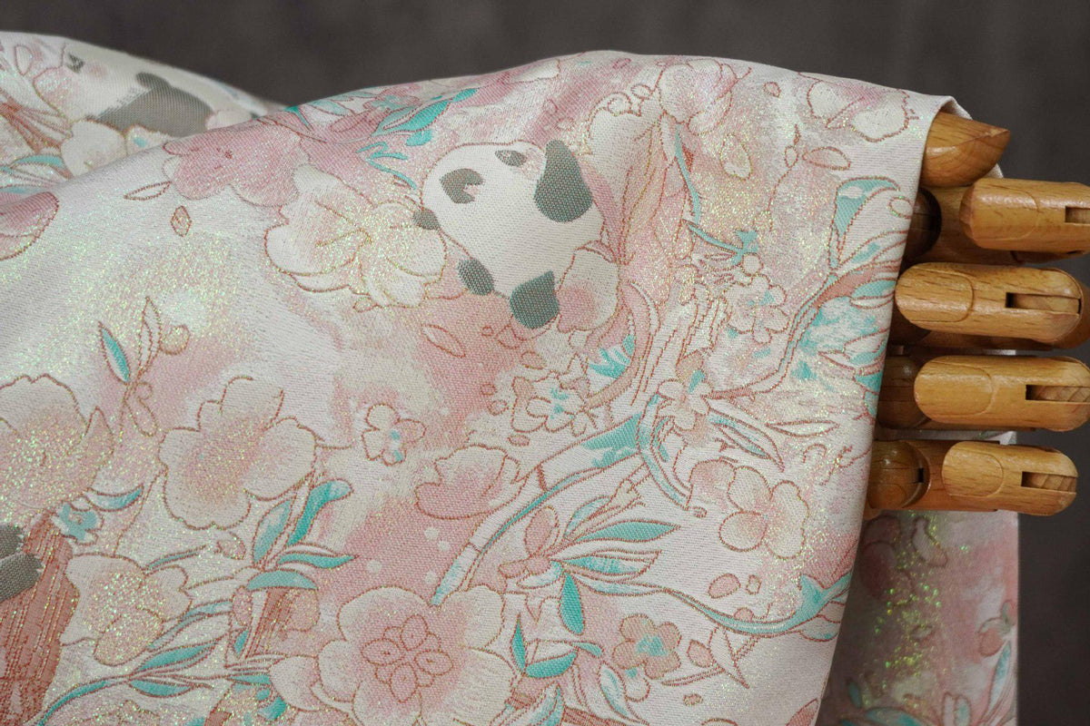 Panda & Cherry Blossom Song Brocade Fabric, Gold Thread Jacquard Textile, 2 Colors for Qipao, Hanfu, Bags and Sewing, 65" Wide