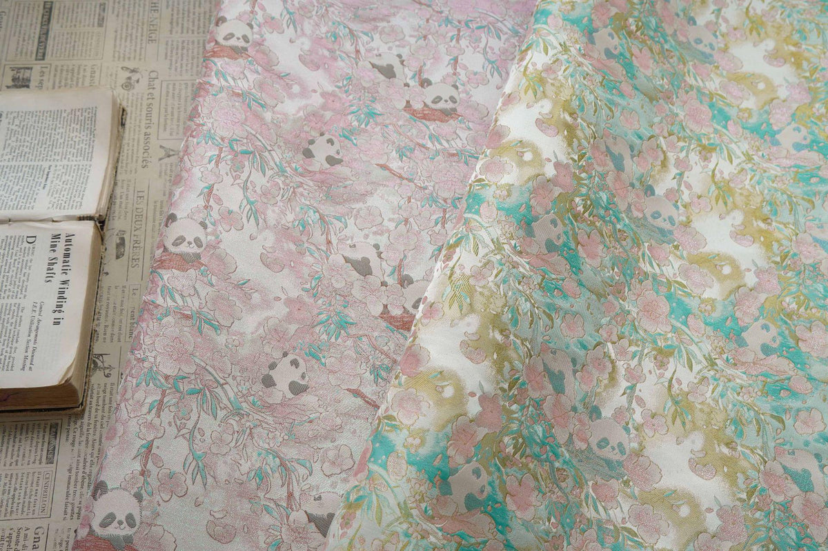 Panda & Cherry Blossom Song Brocade Fabric, Gold Thread Jacquard Textile, 2 Colors for Qipao, Hanfu, Bags and Sewing, 65" Wide