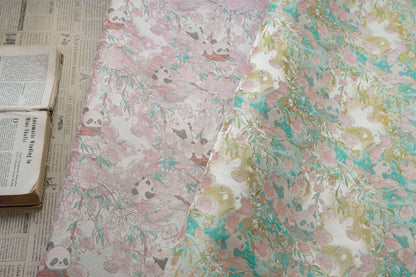 Panda & Cherry Blossom Song Brocade Fabric, Gold Thread Jacquard Textile, 2 Colors for Qipao, Hanfu, Bags and Sewing, 65" Wide