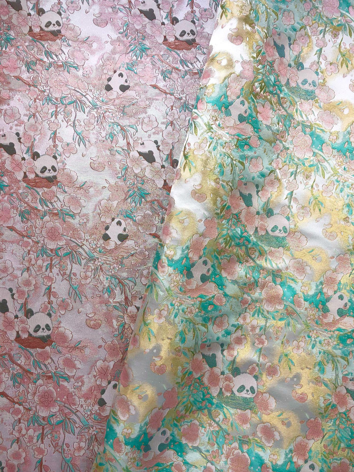 Panda & Cherry Blossom Song Brocade Fabric, Gold Thread Jacquard Textile, 2 Colors for Qipao, Hanfu, Bags and Sewing, 65" Wide