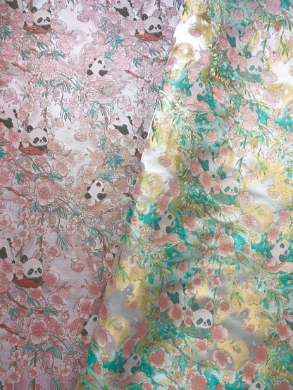Panda & Cherry Blossom Song Brocade Fabric, Gold Thread Jacquard Textile, 2 Colors for Qipao, Hanfu, Bags and Sewing, 65" Wide