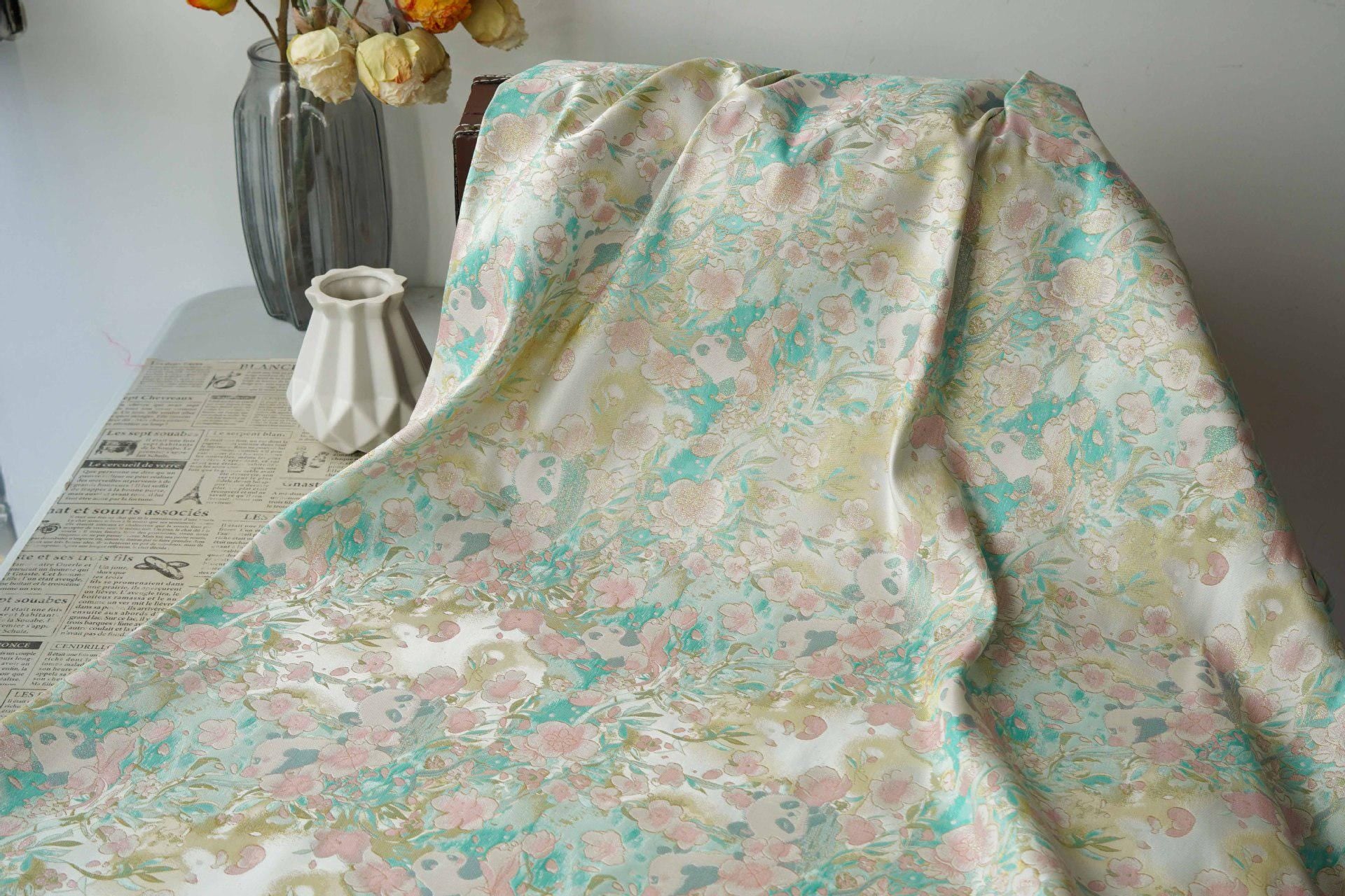 Panda & Cherry Blossom Song Brocade Fabric, Gold Thread Jacquard Textile, 2 Colors for Qipao, Hanfu, Bags and Sewing, 65" Wide