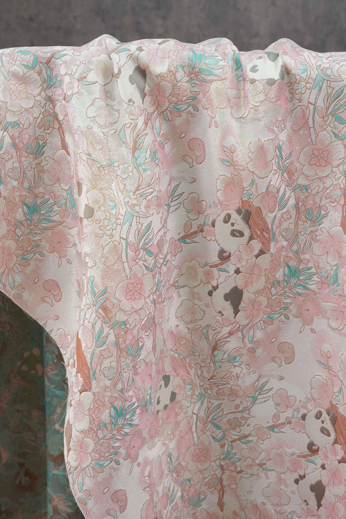 Panda & Cherry Blossom Song Brocade Fabric, Gold Thread Jacquard Textile, 2 Colors for Qipao, Hanfu, Bags and Sewing, 65" Wide