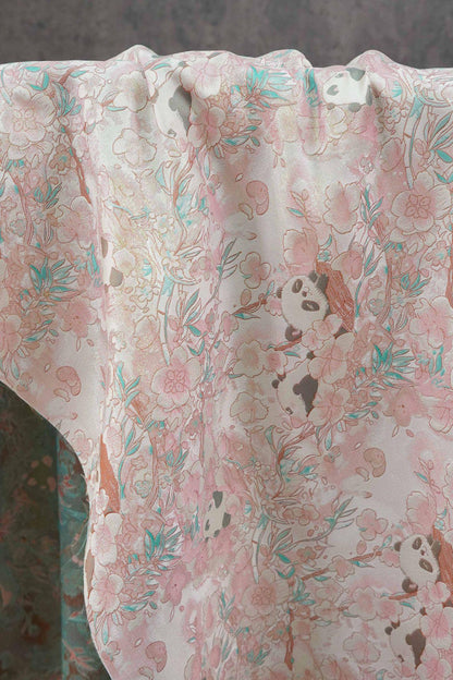 Panda & Cherry Blossom Song Brocade Fabric, Gold Thread Jacquard Textile, 2 Colors for Qipao, Hanfu, Bags and Sewing, 65" Wide