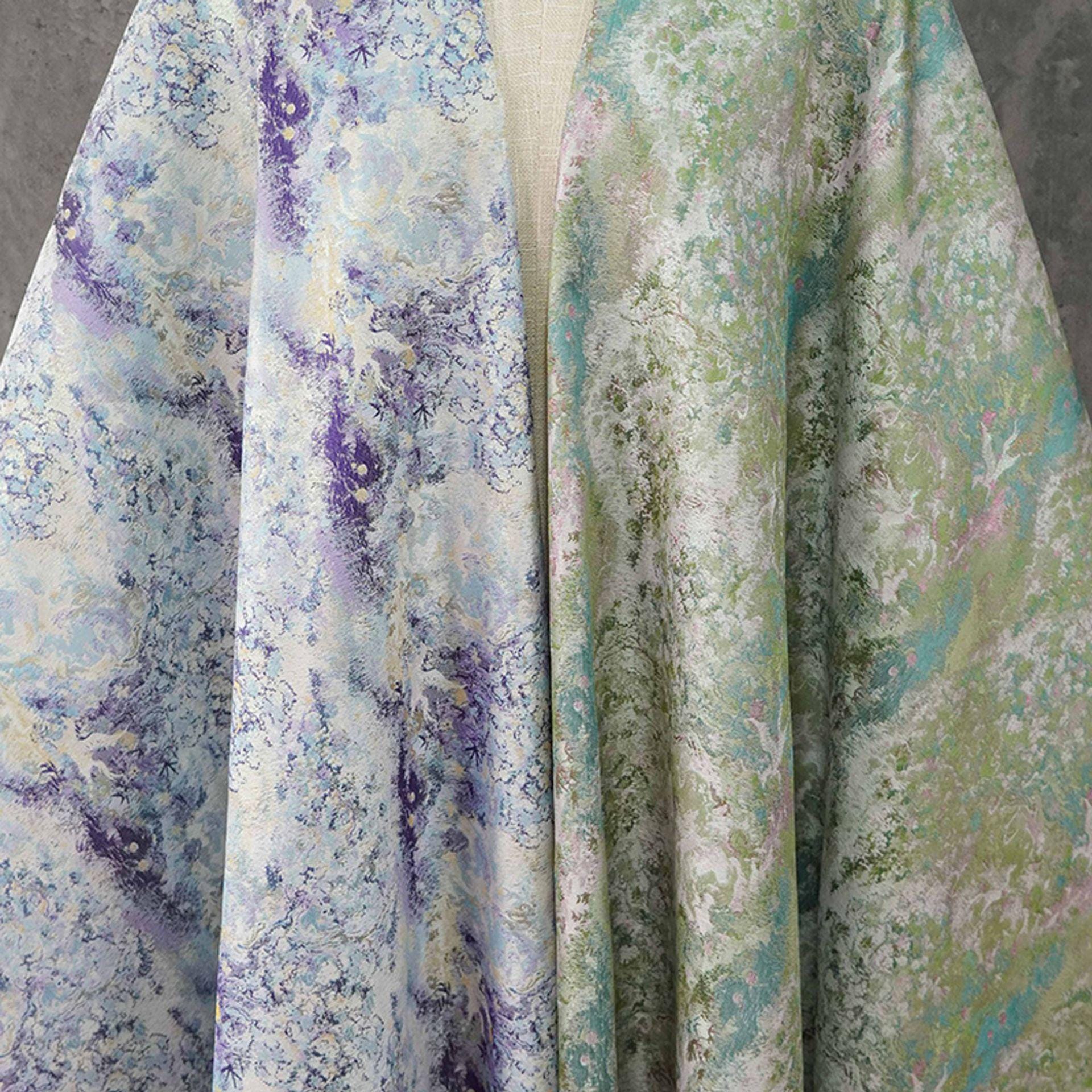 Lavender Blue Crane Landscape Jacquard Brocade Fabric, Gold Thread Scenic Woven Textile for Qipao, Dresses, Jackets, Bags and Sewing, 60"
