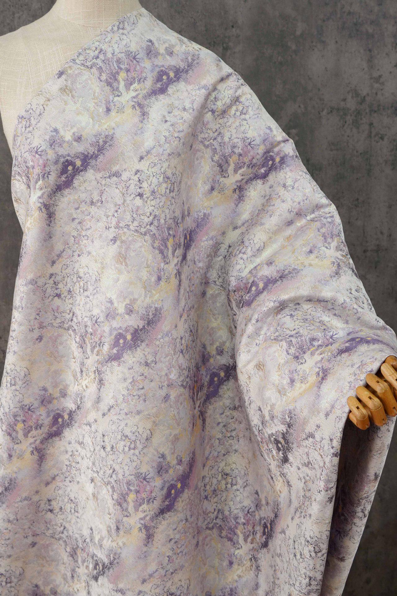 Lavender Blue Crane Landscape Jacquard Brocade Fabric, Gold Thread Scenic Woven Textile for Qipao, Dresses, Jackets, Bags and Sewing, 60"