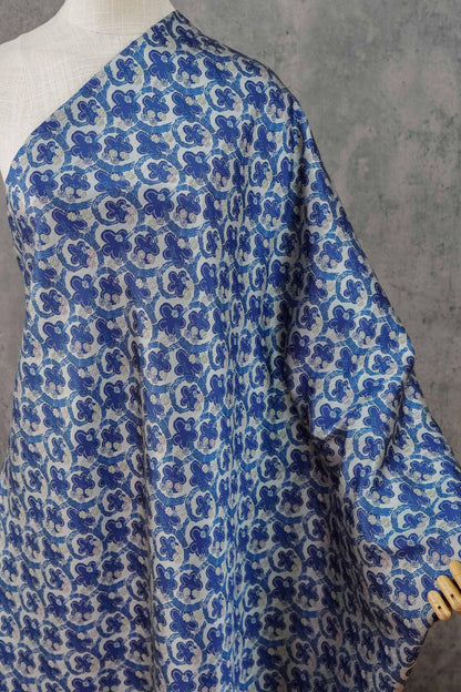 Blue & White Scroll Floral Yarn-Dyed Fabric, Ornamental Woven Textile for Dresses, Jackets, Qipao, Bags, Decor and Sewing, 59" Wide