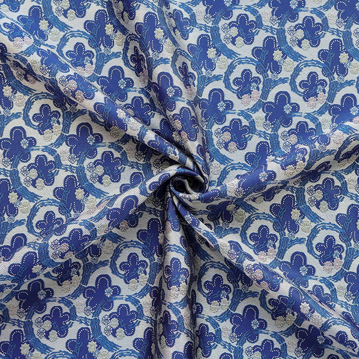 Blue & White Scroll Floral Yarn-Dyed Fabric, Ornamental Woven Textile for Dresses, Jackets, Qipao, Bags, Decor and Sewing, 59" Wide