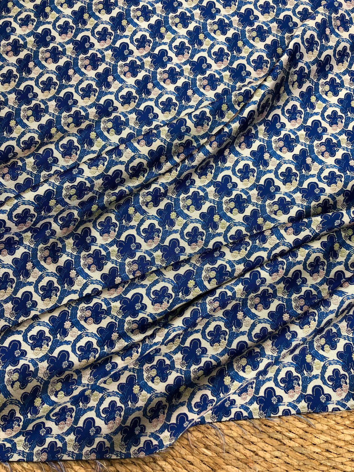 Blue & White Scroll Floral Yarn-Dyed Fabric, Ornamental Woven Textile for Dresses, Jackets, Qipao, Bags, Decor and Sewing, 59" Wide