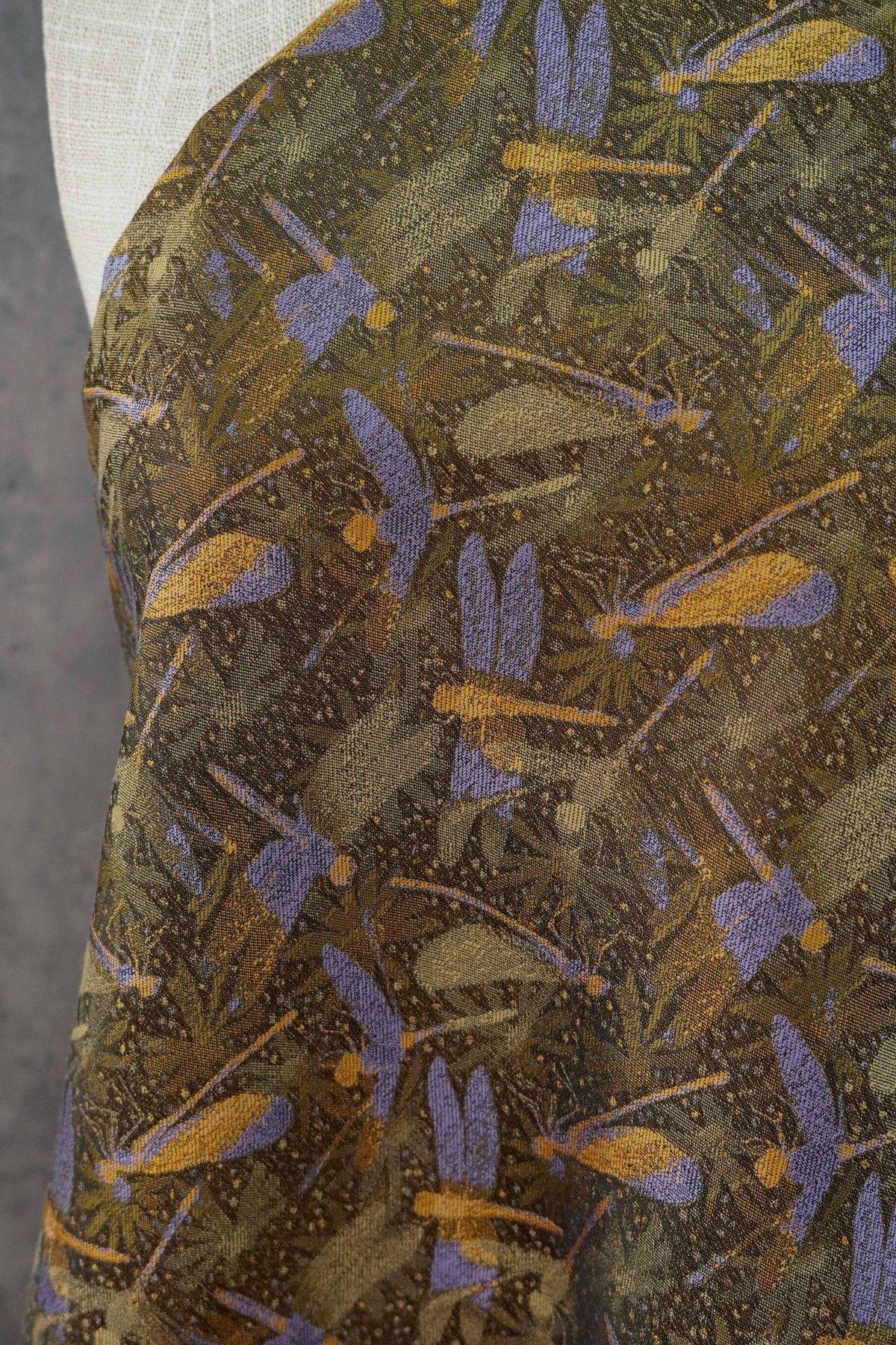 Olive Green Dragonfly & Lotus Song Brocade Fabric, Yarn-Dyed Jacquard Textile for Qipao, Jackets, Bags, Decor and Sewing, 59" Wide