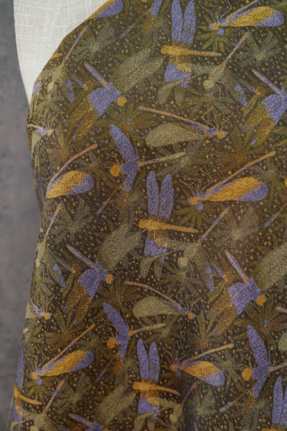 Olive Green Dragonfly & Lotus Song Brocade Fabric, Yarn-Dyed Jacquard Textile for Qipao, Jackets, Bags, Decor and Sewing, 59" Wide