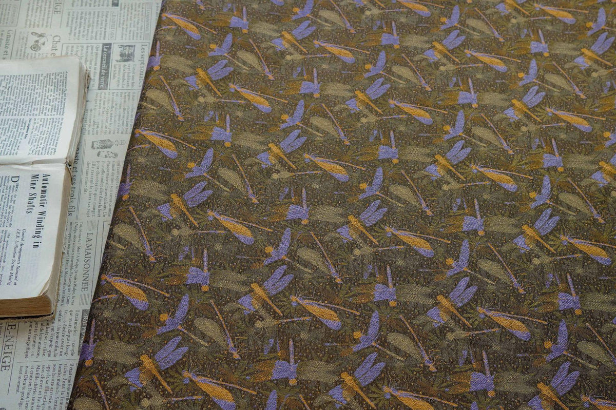 Olive Green Dragonfly & Lotus Song Brocade Fabric, Yarn-Dyed Jacquard Textile for Qipao, Jackets, Bags, Decor and Sewing, 59" Wide