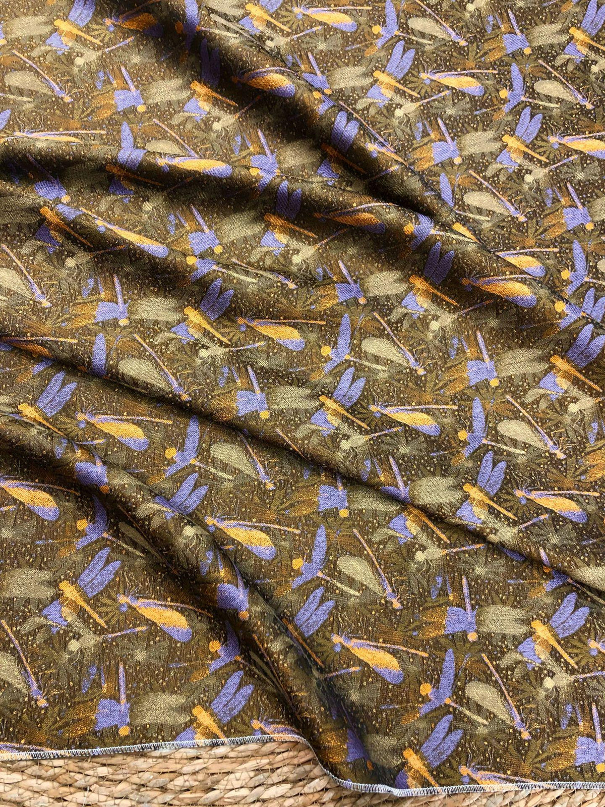 Olive Green Dragonfly & Lotus Song Brocade Fabric, Yarn-Dyed Jacquard Textile for Qipao, Jackets, Bags, Decor and Sewing, 59" Wide