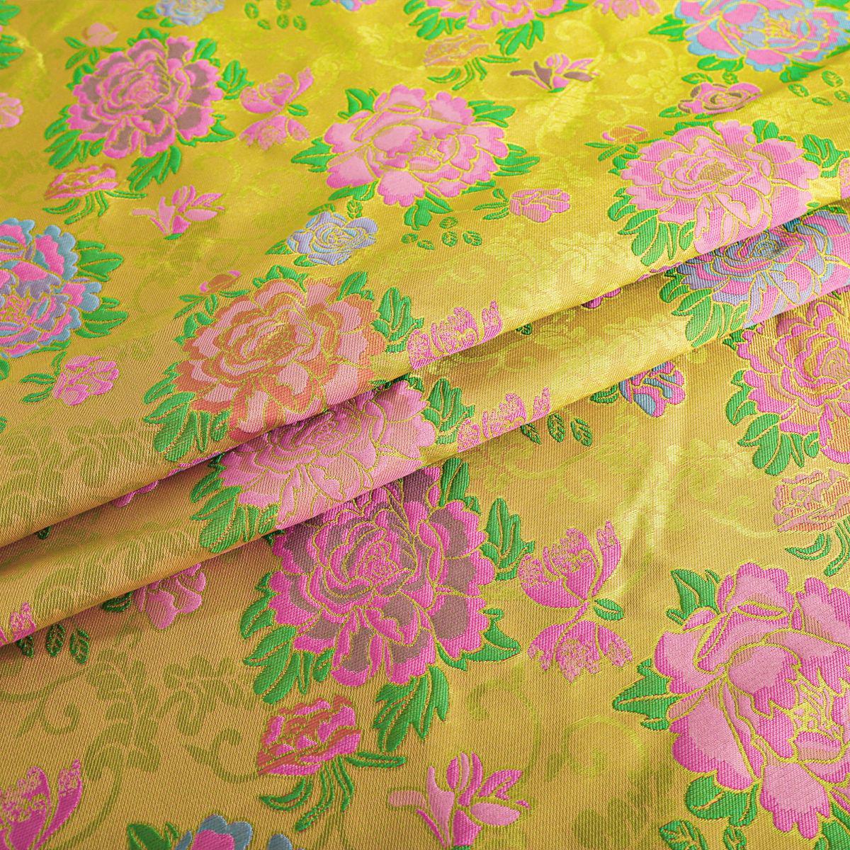 Peony Brocade Jacquard Fabric, Gold Thread Floral Woven Textile for Table Runners, Tea Mats, Bags, Decor and Sewing, 57"