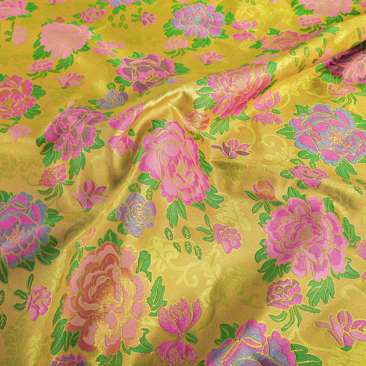 Peony Brocade Jacquard Fabric, Gold Thread Floral Woven Textile for Table Runners, Tea Mats, Bags, Decor and Sewing, 57"
