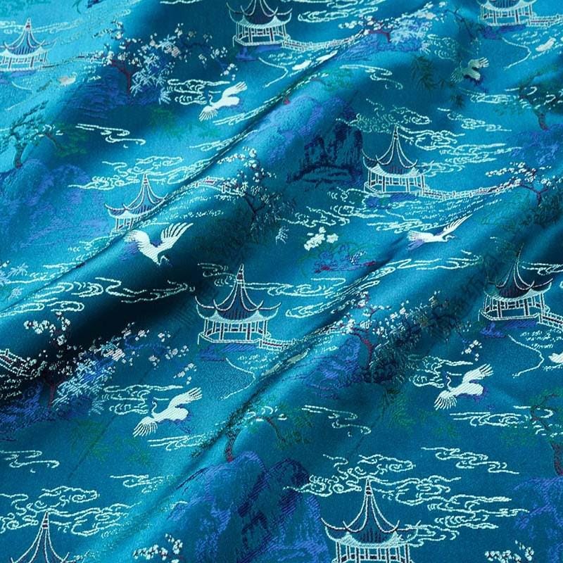Teal Crane Pavilion Brocade Fabric, Scenic Landscape Jacquard Textile for Qipao, Hanfu, Jackets, Bags, Home Decor and Sewing, 59"