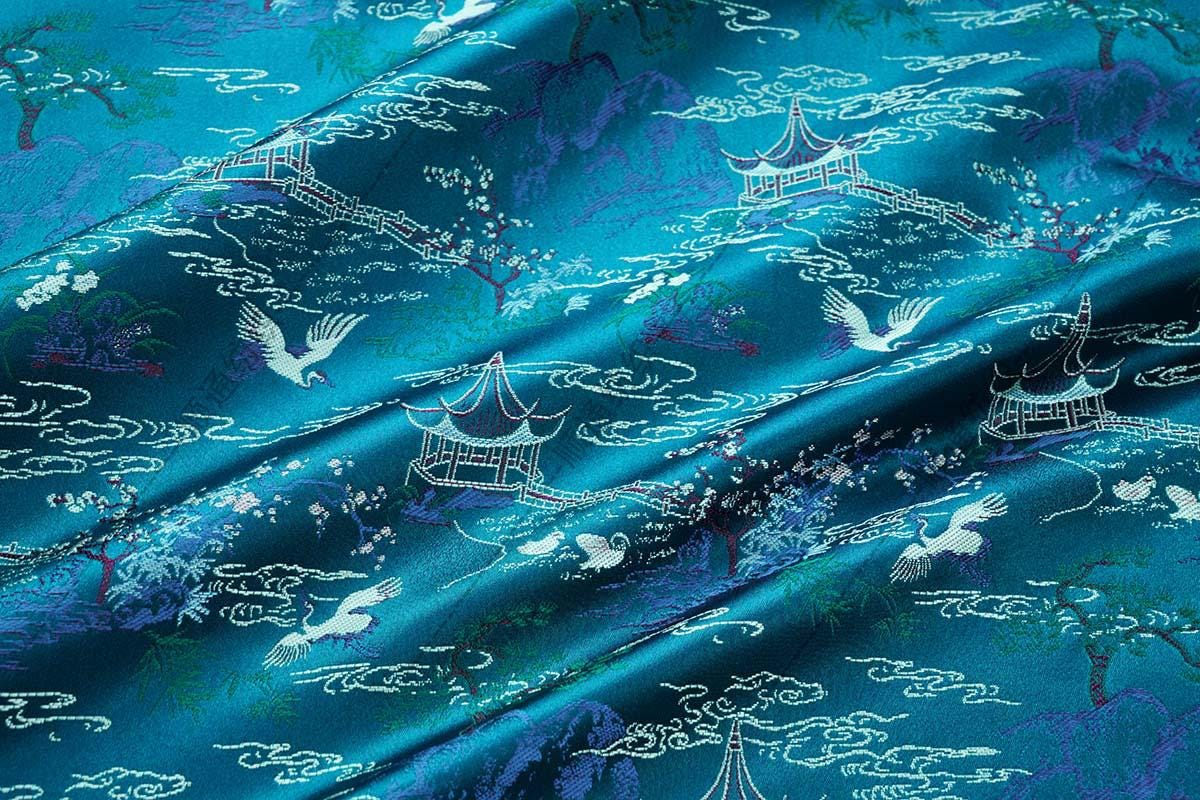 Teal Crane Pavilion Brocade Fabric, Scenic Landscape Jacquard Textile for Qipao, Hanfu, Jackets, Bags, Home Decor and Sewing, 59"