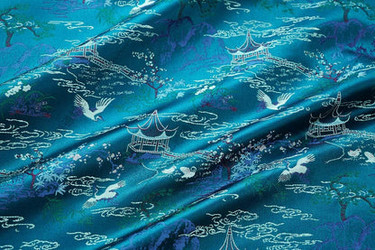 Teal Crane Pavilion Brocade Fabric, Scenic Landscape Jacquard Textile for Qipao, Hanfu, Jackets, Bags, Home Decor and Sewing, 59"