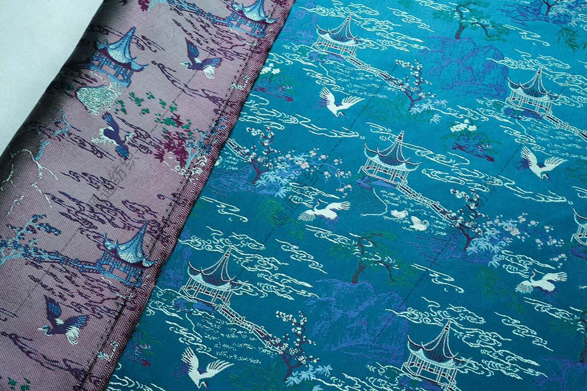 Teal Crane Pavilion Brocade Fabric, Scenic Landscape Jacquard Textile for Qipao, Hanfu, Jackets, Bags, Home Decor and Sewing, 59"