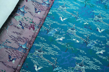 Teal Crane Pavilion Brocade Fabric, Scenic Landscape Jacquard Textile for Qipao, Hanfu, Jackets, Bags, Home Decor and Sewing, 59"