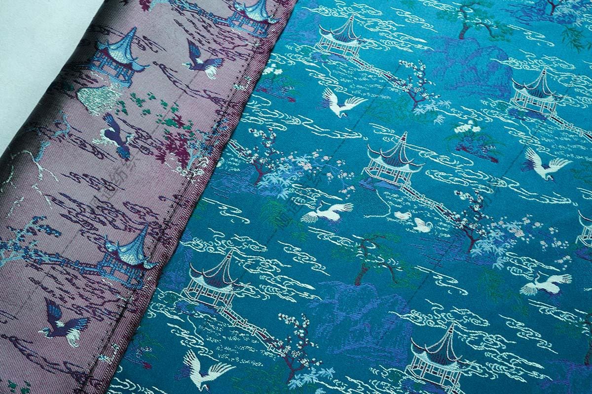 Teal Crane Pavilion Brocade Fabric, Scenic Landscape Jacquard Textile for Qipao, Hanfu, Jackets, Bags, Home Decor and Sewing, 59"